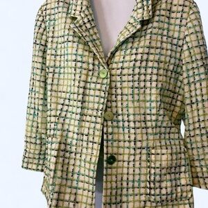 Green & White Plaid Tweed Blazer w 3/4 sleeves SagHarbor 16P